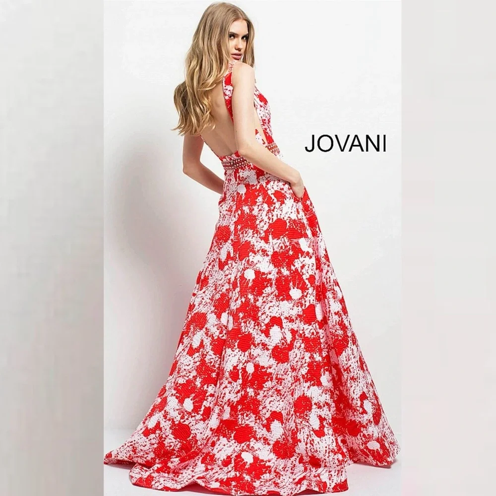 JOVANI Red and White Print Backless A-Line Evening Gown - Picture 3 of 16